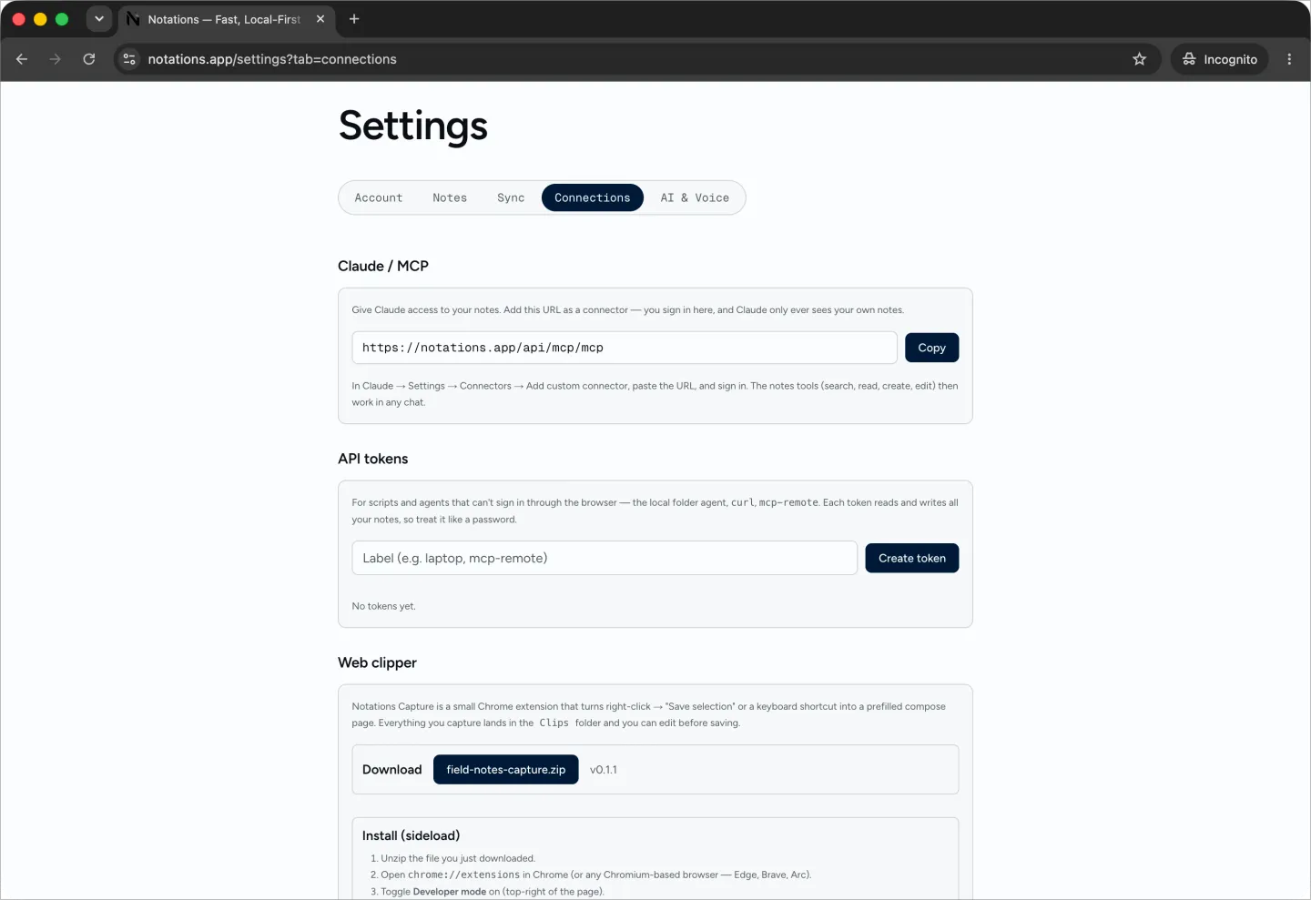 Notations Connections settings with the Claude MCP URL and Copy button