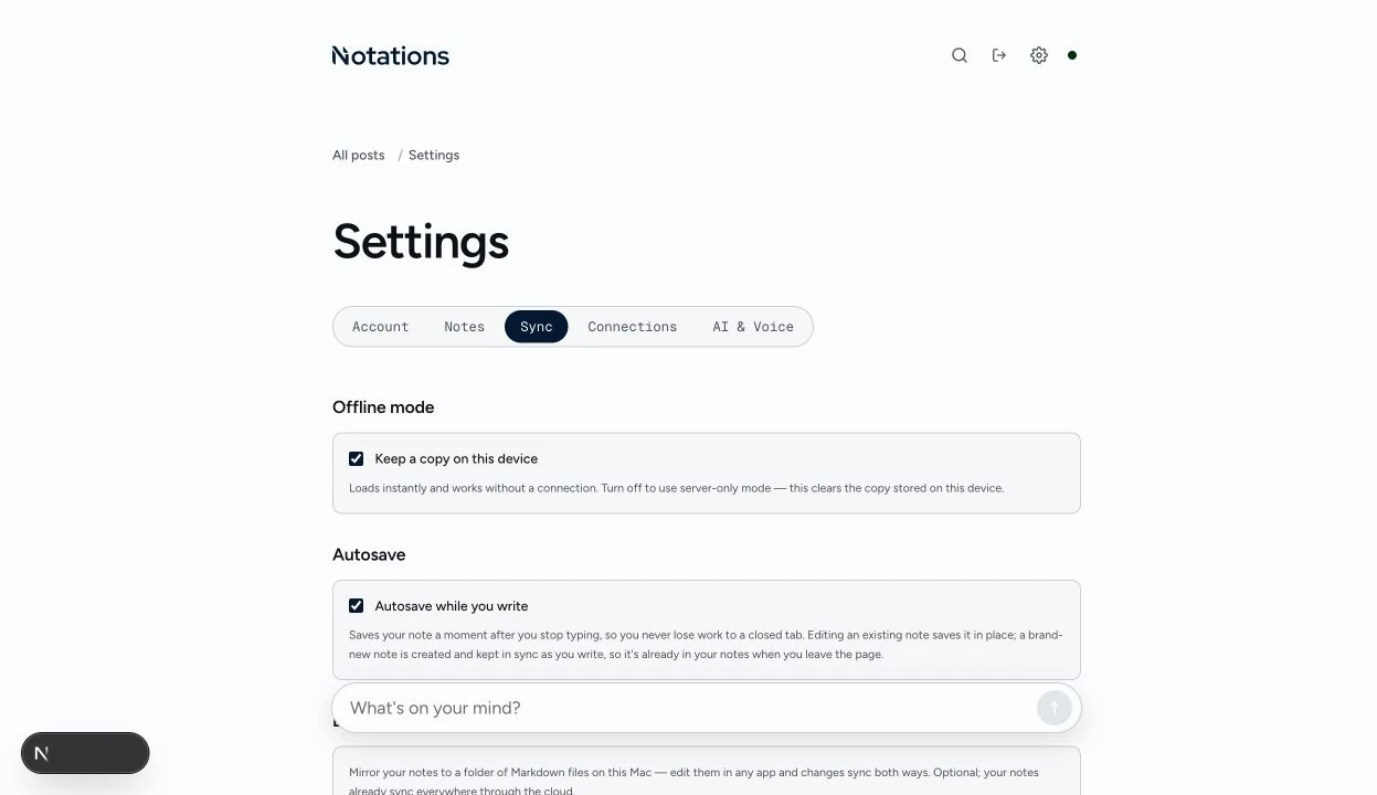 Notations Sync settings showing Keep a copy on this device enabled