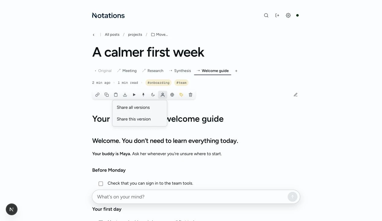 Notations note toolbar with Share all versions and Share this version options
