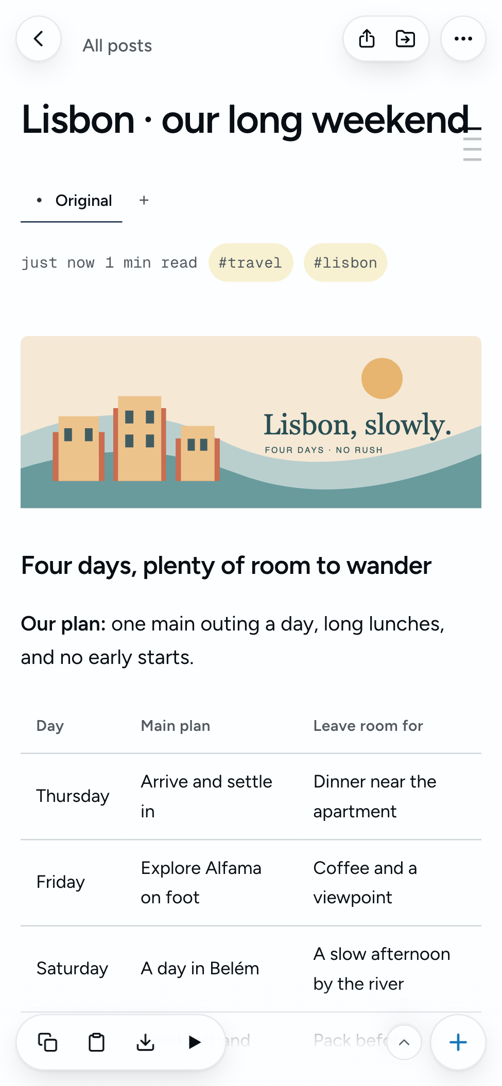 The Lisbon trip note open on a phone, with an illustrated postcard and itinerary.
