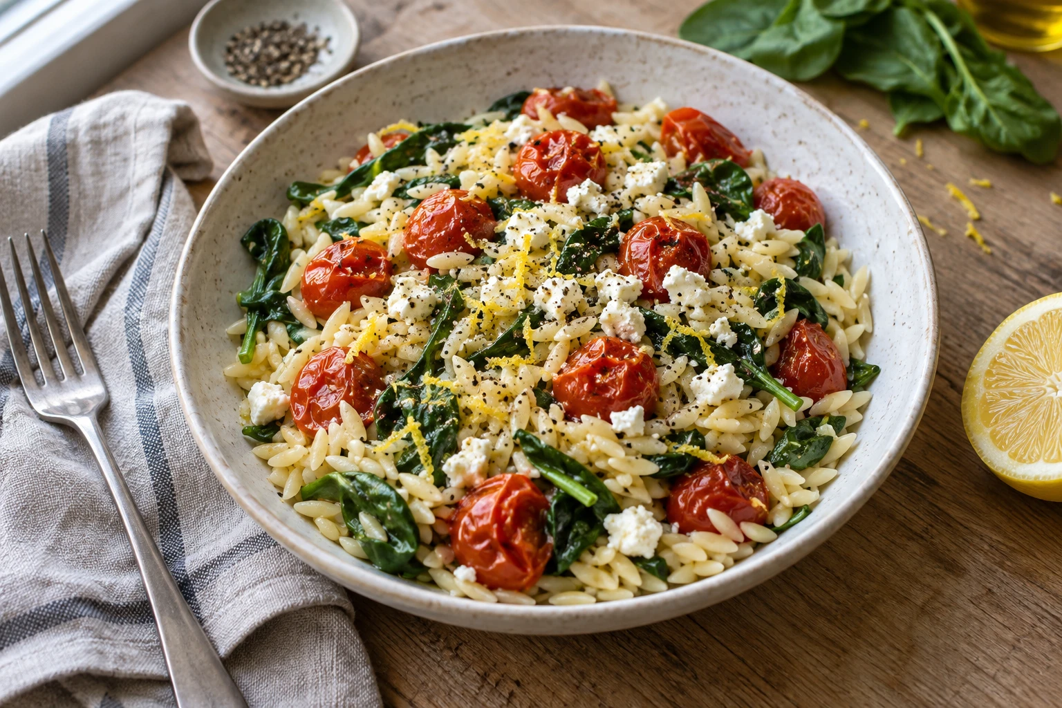 Lemon orzo with roasted cherry tomatoes, spinach, and feta in a ceramic bowl