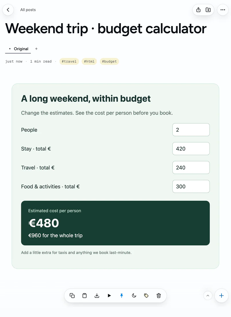 A saved interactive trip-budget calculator with editable costs and a per-person total.