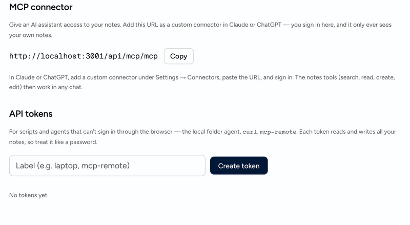 Notations Connections settings with the Claude MCP URL and Copy button