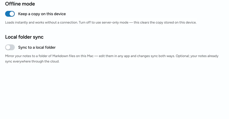 Notations Sync settings showing Keep a copy on this device enabled