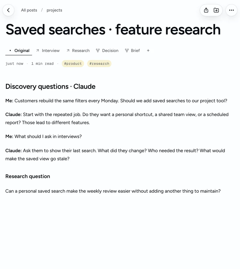 Saved Claude conversation exploring a saved-searches product feature