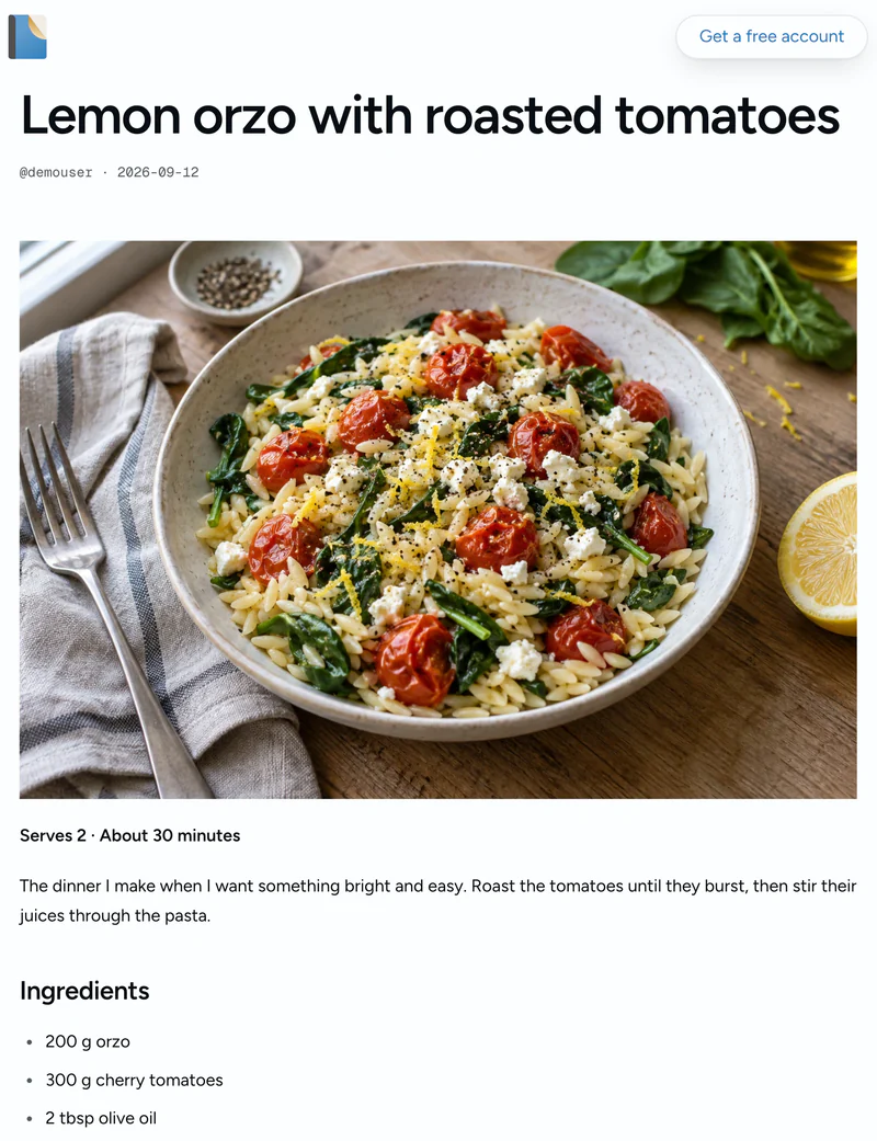 A published lemon-orzo recipe with a finished-dish photo, ingredients, and cooking instructions.
