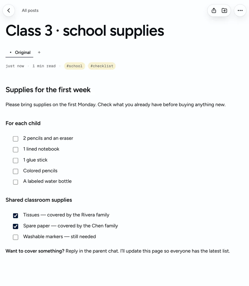 A school-supplies checklist in your notebook, shared with a parent group.