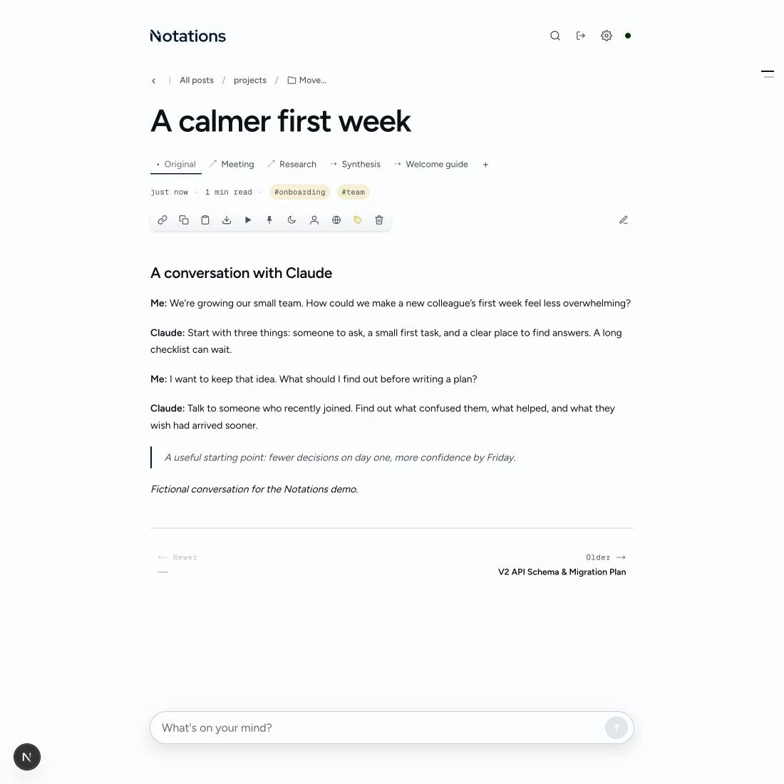 Saved Claude conversation in Notations with the Original tab selected and onboarding tags